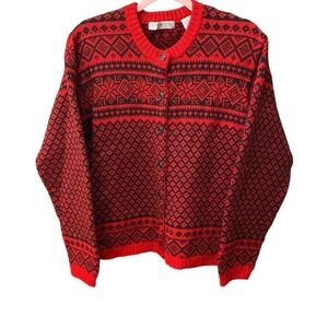 Vintage Chaus Button Down Red Cardigan snowflake winter wool Medium pullover